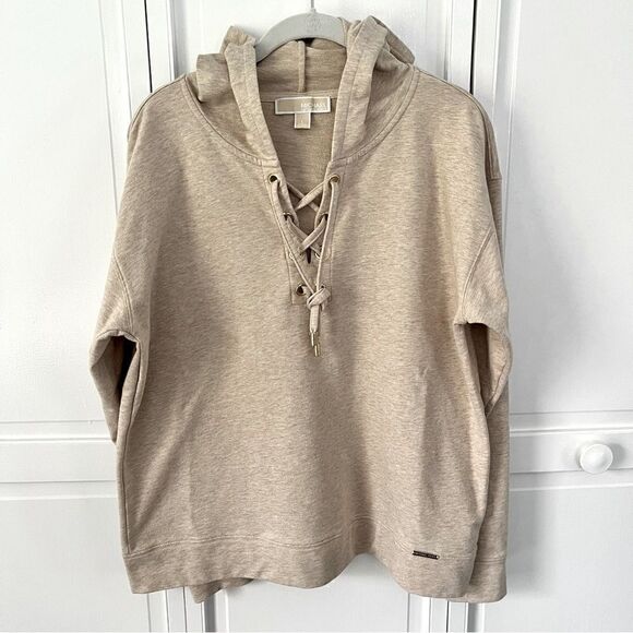 Michael Kors Long Sleeve Tie Lace Up Hooded Top Gold Oatmeal Color Size Large - Picture 1 of 7